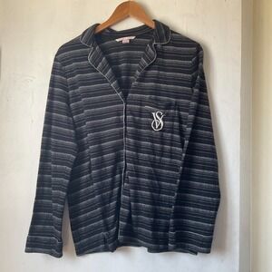 Victoria's Secret Black and Silver Stripe Embroidered Logo VS Pajama Top Large